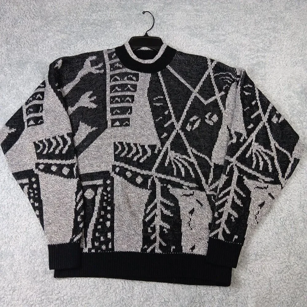 Vintage Le Tigre Knit Pullover Crew Neck Black‎ Gray Sweater Size XL